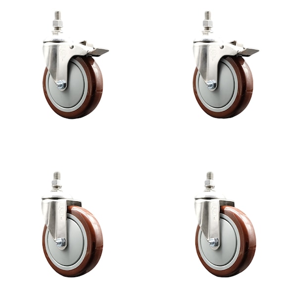 Service Caster 5 Inch 316SS Maroon Polyurethane 10mm Threaded Stem Caster Lock Brake, 2PK SS316TSTTL20S514-PPUB-MRN-M1015-2-S2 - main